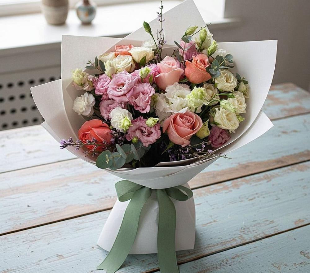 Букет цветов из: Розы, Лизиантусы и Гвоздики в Черном Яре