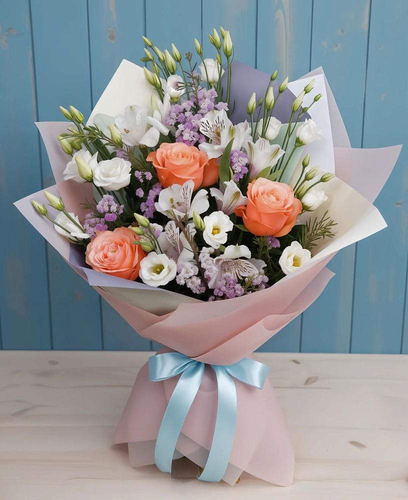 Букет цветов из: Лизиантусы, Розы, Альстромерии и Гипсофила в Черном Яре